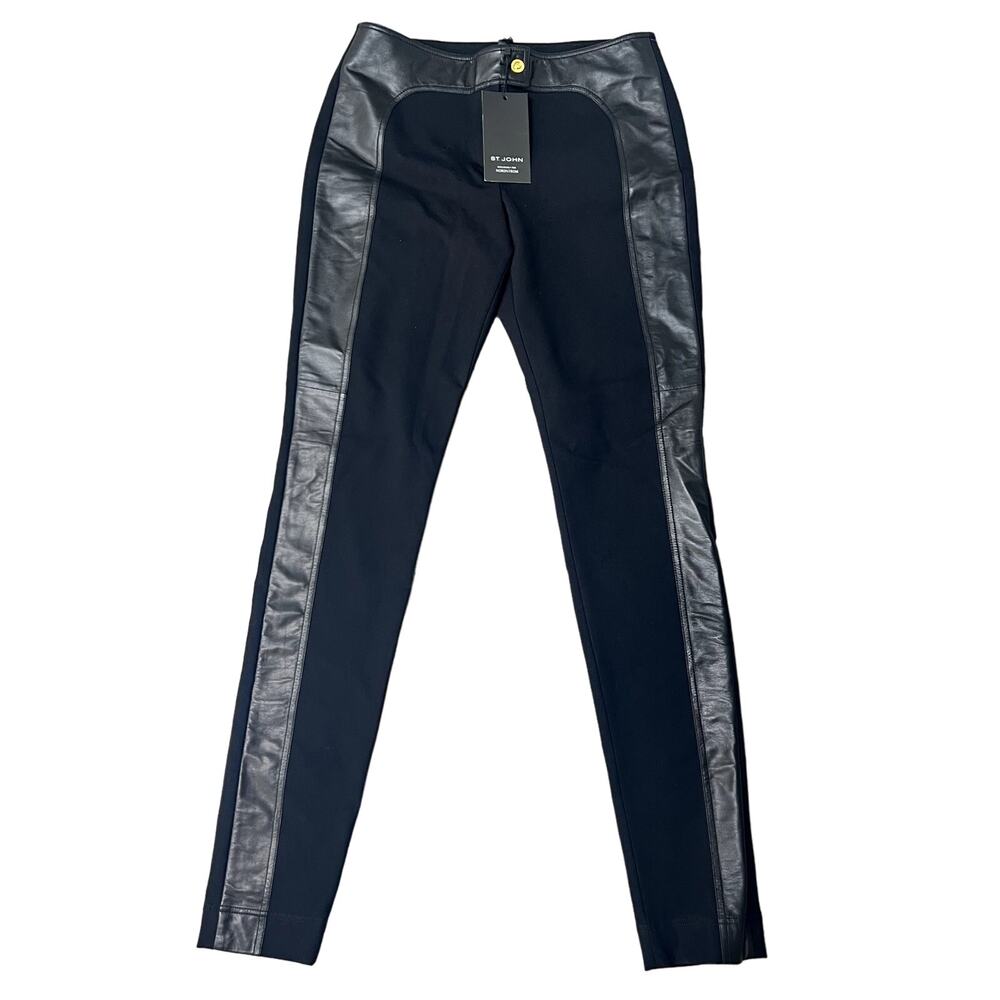 St. John Black Straight-Leg Pants with Leather Trim